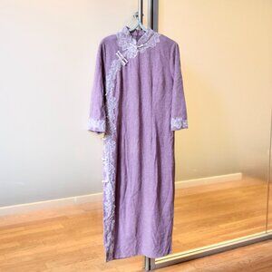 Purple Corduroy Flora Lace Trim Qipao - Chinese Dress